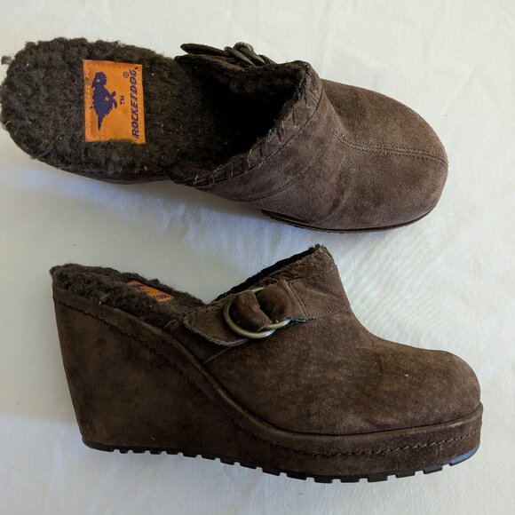 Rocket Dog Brown Suede Wedge Mules Clogs Slip On 4" Heels Y2K Size 8 - Picture 1 of 5